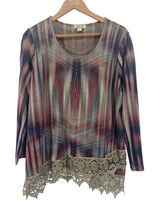 One World Tunic Top Womens L Multicolor Boho Crochet Lace‎ Hem Long Sleeve Scoop Photo 0