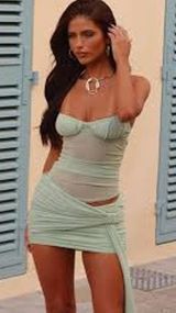 SEXY Green Bodycon Mini Dress Wrap Bustier Sheer Fairy Cocktail Party S Small Photo 0