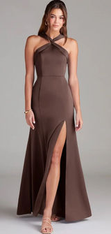 Azazie Rue Ganache Mermaid Pleated Stretch Satin Dress Photo 0