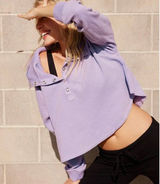 Free People FP Movement So Fly Henley Snap Neck Ribbed Pullover Purple Medium Photo 0