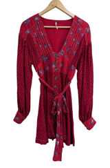 Free People Red Floral Mini Dress Long Sleeve Button Down V-Neck Boho Small Photo 0