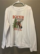 Size 2XL White Western Christmas Sweatshirt Rockin Around Tree Cowboy Bronco Photo 0