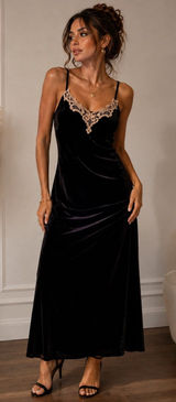 Vintage Delicates Black Velvet Maxi Nightgown Lace Neckline Side Slit Small Photo 0