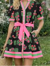 Floral Mini Dress Puff Sleeve V-Neck Button Down Casual Beach Boho Small Photo 0