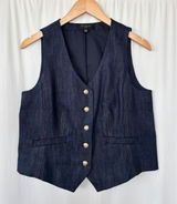 2010s Talbots Petite Dark Wash Denim Vest Gold Crest Button Western Cowgirl 8P Photo 0