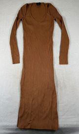 House of Harlow 1960 Brown Ribbed Knit V-Neck Cut-Out Maxi Dress Small Photo 0