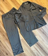 Wm Med Adonna Pajama Set Black White Striped Satin Button‎ Down Sleepwear Retro Photo 0