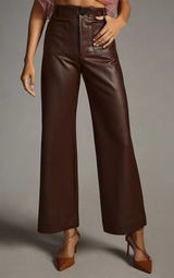 Anthropologie Wide-Leg Pants Brown Faux Leather Stretch Pockets Women's Tall 28T Photo 0