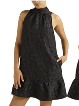 Scoop Mini Dress Women Large Black Blue Metallic‎ Floral Jacquard Mock Neck Tie Photo 0