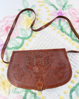 Vintage Hand‎ Tooled Leather Aztec Mayan Calendar Crossbody Saddle Bag Brown Photo 0