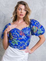 NEW Flying Tomatoe Floral Puff Sleeve Sweetheart Top in Royal Blue L Photo 0