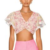 LoveShackFancy Kielle Crop Top Size Medium Pink Floral Twist Front Ruffle Sleeve Photo 0