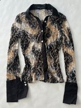 Vintage VTG Tempo Paris 90s Ombre Black Tan Lace Button Down Y2K Collared Top S Photo 0