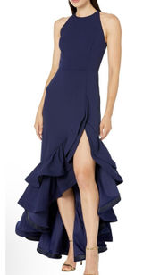 BETSY & ADAM NWT Long Halter Crepe Tiered Ruffle Gown Dress Navy Size 4 Photo 0