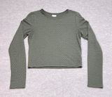Aerie Womens Olive Green Textured Long Sleeve Crop Top Size Medium Crew Neck EUC Photo 0