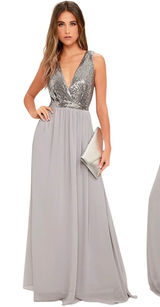 Lulus Elegant Encounter Pewter Sequin Maxi Dress Silver Grey V-Neck Gown Small Photo 0