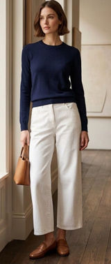 WJ Martin Roberta White Wide Leg Denim Pants Cotton Linen Blend NWT Sz 46 US 10 Photo 0
