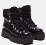 Steve Madden Black Leather Platform Combat Boots Shearling Trim Lug Sole Size 8 Photo 0