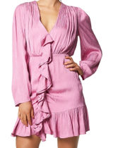Elliatt Rita Dress Satin Textured Ruffle Mini Deep V Trim Fitted Pink XS Photo 0