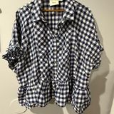 Anthropologie Maeve Linen Top Blue White Gingham Peplum Ruffle Oversized XL C Photo 0