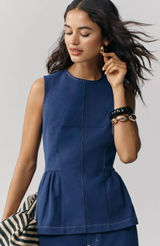 Maeve Anthropologie Crew-Neck Peplum Tank Top Navy Blue Preppy Clean Girl Size L Photo 0