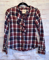 Abercrombie & Fitch Red Navy Plaid Ruffle Button-Down Shirt XS cotton Photo 0