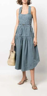 Ulla‎ Johnson Enzo Denim Dress Blue Cotton Tiered Midi Sweetheart Neck Size 4 Photo 0