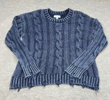 Evereve Distressed Cable Knit Cotton Sweater Navy Blue Sz M‎ EUC Fisherman Photo 0