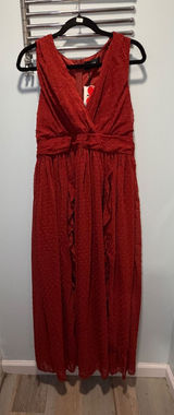 cider Swiss Dot Maxi Dress Dark Red Size 10 Ruffle Formal Wedding Guest Gown Photo 0