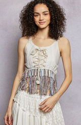 POL‎ Lace-Up Fringe Hem Tank with Lace Detail - Large Photo 0