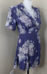 FREE PEOPLE Womens Sz S Floral Blue Hawaii Mini Fit & Flare Dress Pockets *Flaw Photo 0