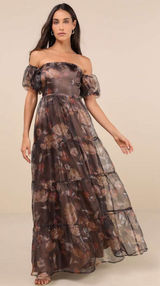 Lulus Exquisite Finesse Brown Floral Organza Maxi Dress With Pockets Photo 0