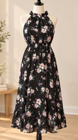 Sweet Lemon Floral Maxi Dress M Black Halter Neck Ruffle Boho NWT Photo 0