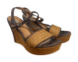 UGG Women’s Brown Leather T-Strap Woven Detail Wedge Espadrille Sandals Size 9 Photo 0