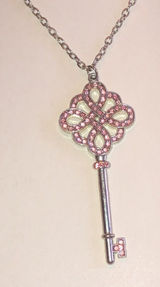 Silver Tone Key Pendant Necklace with Pink Accents Photo 0