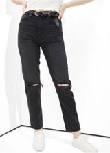 American Eagle Mom Straight Jeans Black Distressed Denim Women's Size 4‎ Short Photo 0