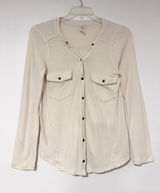 We The Free Free People Cream Henley Long Sleeve Button Down Raw Seam Top L Photo 0