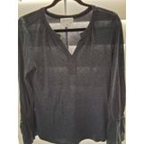 Liz Claiborne Women's M Blue Charcoal Split V-Neck Top Tie Cuff Blouse Photo 0