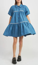 En Saison Tara Tiered Cotton Trapeez Shirtdress Women Medium Blue Mini Bohoi‎ Photo 0
