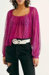 Free People A Little Love Long Sleeve SHEER LACE Top Raspberry Size Large Casual Photo 0
