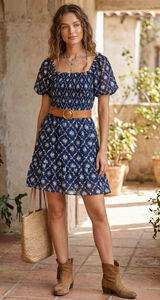 🌸Lauren Conrad Navy Blue Floral Smocked Puff Sleeve Square Neck Short Dress S Photo 0