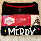 Holiday Time‎ Womens Pajama Set Black Merry and Bright Christmas Lights Size S Photo 0