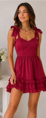 Lucy in the Sky Burgundy Wine Tie Strap Ruffle Mini Dress M Wedding Guest Party Photo 0