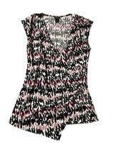 Ann Taylor Sleeveless Faux Wrap Top M Black Mauve Abstract Ruched Career Blouse Photo 0