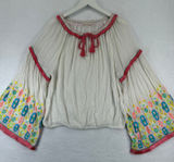 Ramy Brook Ivory Embroidered Tassel Tie‎ Neck Bell Sleeve Boho Blouse Medium Photo 0