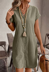 Olive Green V-Neck Button-Up Short Sleeve Cotton Dress Photo 0