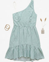 Audrey Parks Francescas One‎ Shoulder Striped Ruffle Mini Dress Sage Green White Photo 0