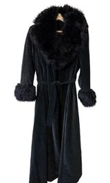 VTG Raincheetahs Black Velvet Faux Fur Long Opera Coat Belted Sz 12‎ Penny Lane Photo 0