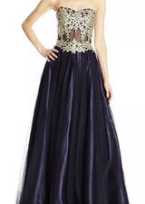 Blondie Nites Gown Juniors‎ Size 9 Navy Long Mesh Gown Corset Style Gold Prom Photo 0