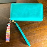 Chelmon Teal Leather Wristlet wallet with guitar wide strap zipper pull Photo 0